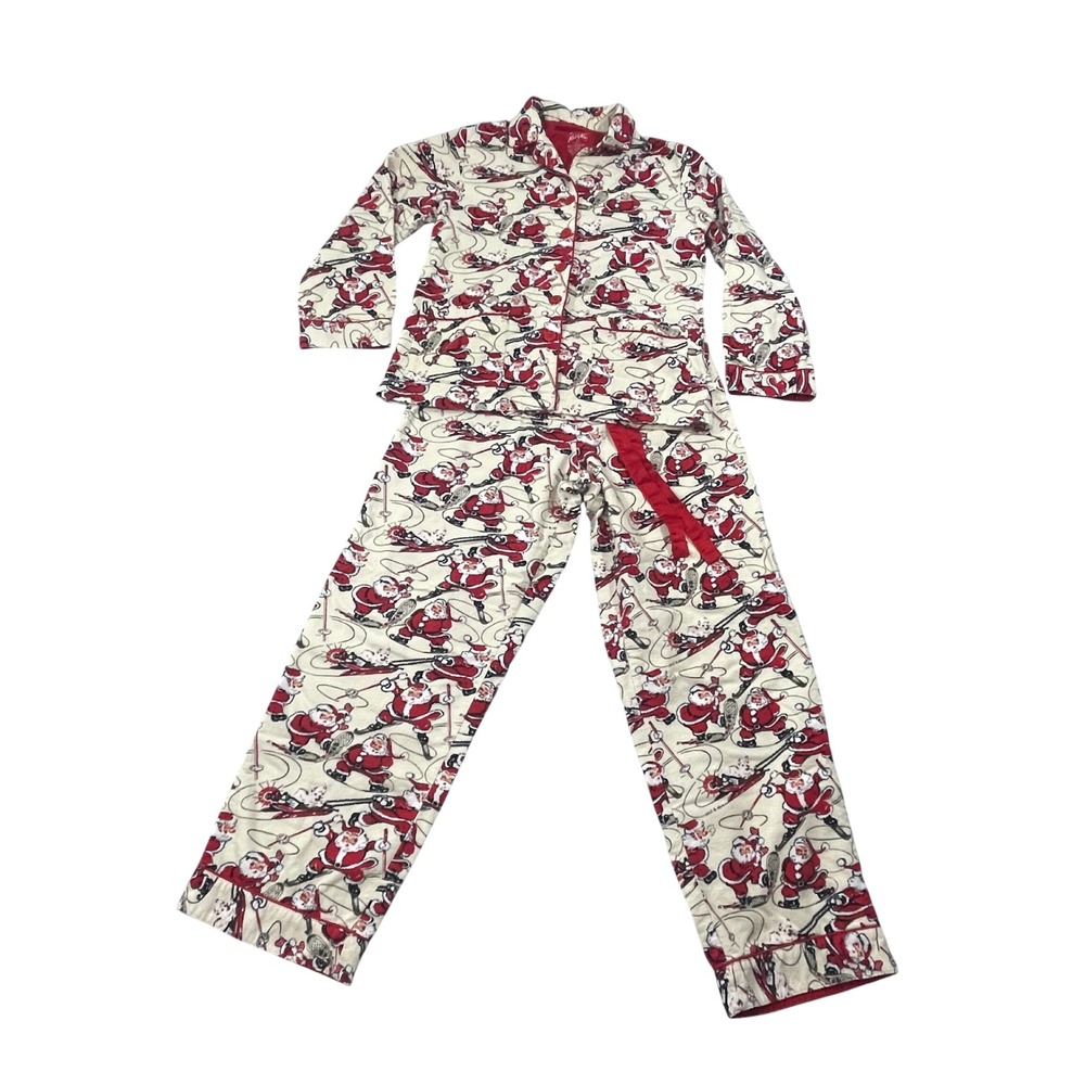 Nick & Nora Pajama Set Women's Small White Red Skiing Santa Flannel 2 Piece
